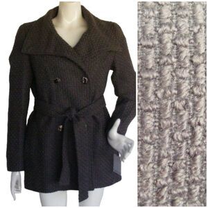 new CALVIN KLEIN Overcoat, S, Basket weave, Gray, Sash Belt, Double Breasted